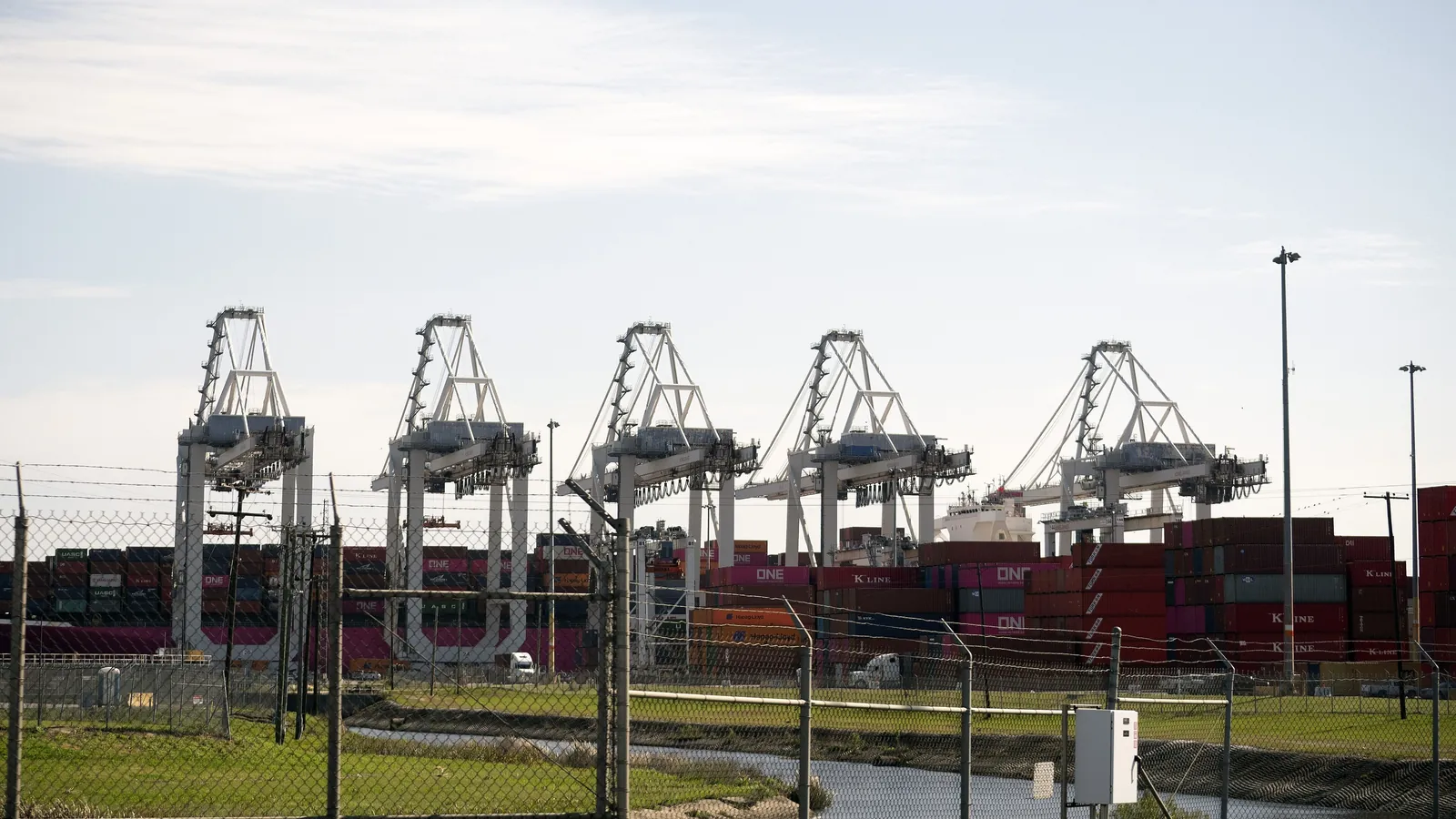 A row of tall ship-to-shore container cranes above stacked shipping containers at the Port of Savannah